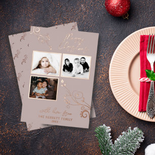 Modern Foliage Real Foil 3 Photo Collage Holiday Card