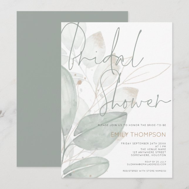 Modern Foliage Sage Gold Script Bridal Shower Invitation (Front/Back)
