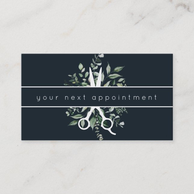 Modern Foliage Salon Scissors Logo Appointment Business Card (Front)