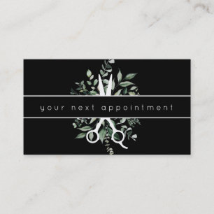 Modern Foliage Salon Scissors Logo Appointment Business Card