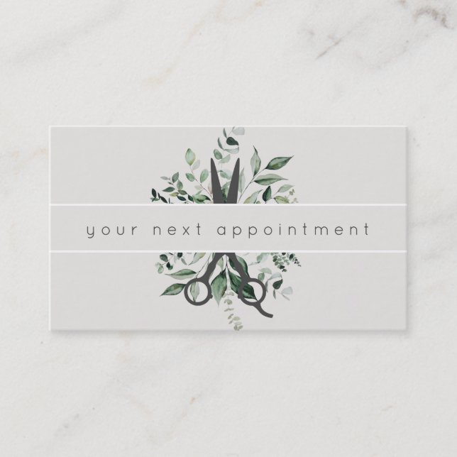 Modern Foliage Salon Scissors Logo Appointment Business Card (Front)