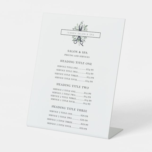 Modern Foliage Salon Shears Logo Pricing List Pedestal Sign (Front)