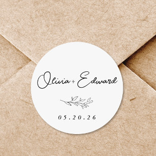 Modern Foliage Wedding Name Classic Round Sticker