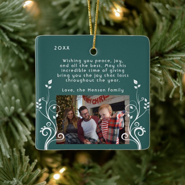 Modern Foliage Wishes Family Photo Green Ceramic Ornament (Tree)