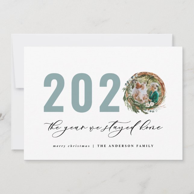 Modern foliage wreath 2020 stayed home holiday card (Front)