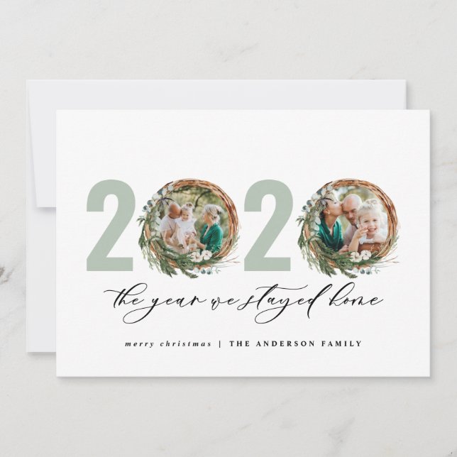 Modern foliage wreath 2020 stayed home holiday card (Front)