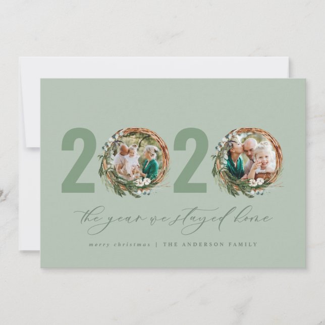 Modern foliage wreath 2020 stayed home holiday card (Front)