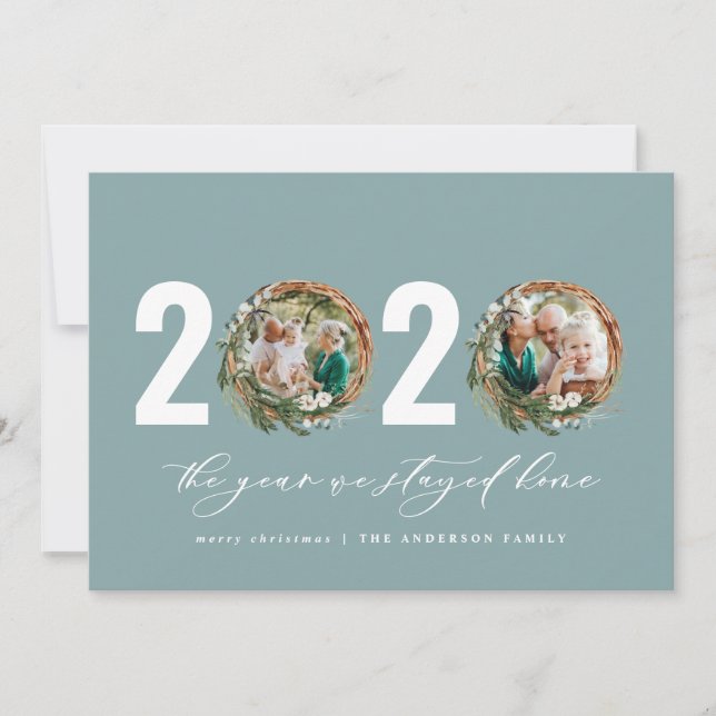 Modern foliage wreath 2020 stayed home holiday card (Front)