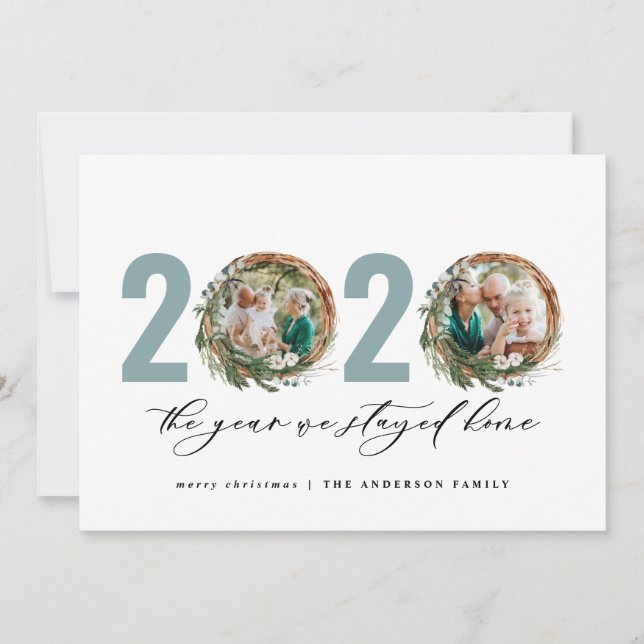 Modern foliage wreath 2020 stayed home holiday card (Front)