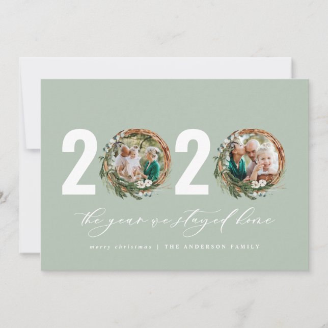 Modern foliage wreath 2020 stayed home holiday card (Front)