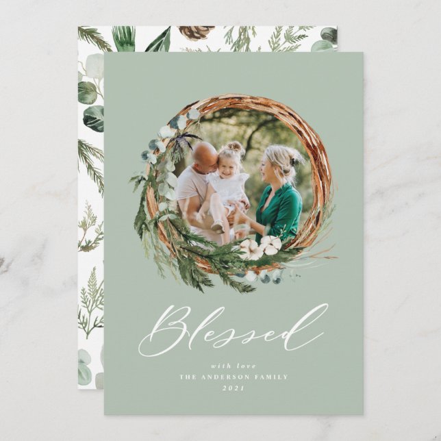 Modern foliage wreath christmas blessed script holiday card (Front/Back)