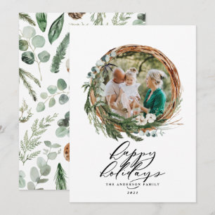 Modern foliage wreath elegant photo chic holiday card