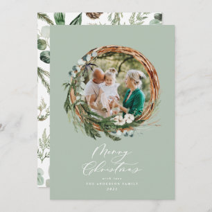 Modern foliage wreath merry christmas script chic holiday card