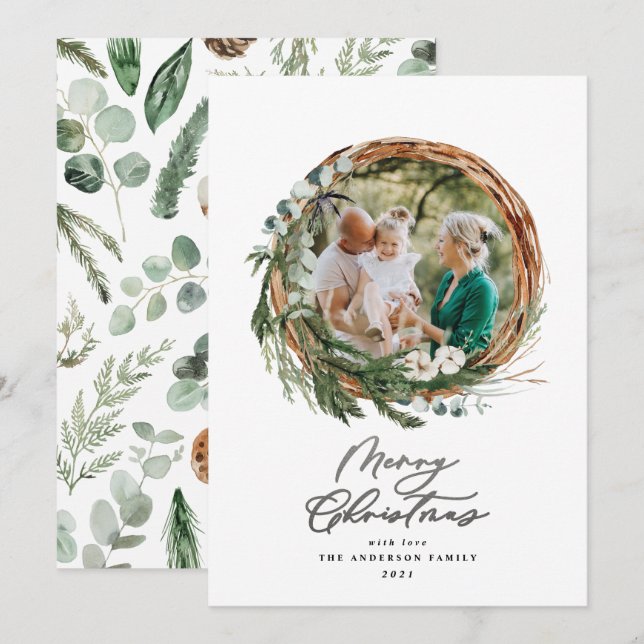 Modern foliage wreath merry christmas script chic holiday card (Front/Back)