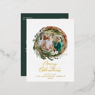 Modern foliage wreath merry christmas script  foil foil holiday postcard