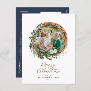 Modern foliage wreath merry christmas script  holi holiday postcard