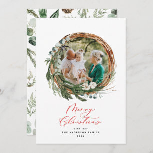 Modern foliage wreath merry christmas script red holiday card