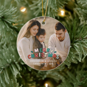 Modern foliage wreath photo Christmas Ceramic Ornament