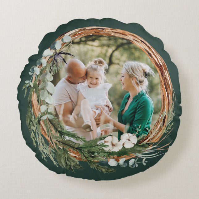 Modern foliage wreath photo Christmas green Round Pillow (Front)