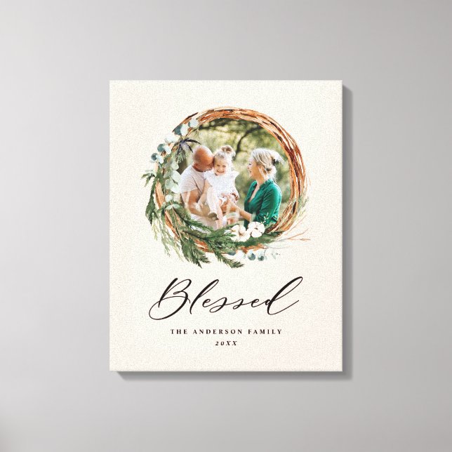 Modern foliage wreath stylish blessed script canvas print (Front)