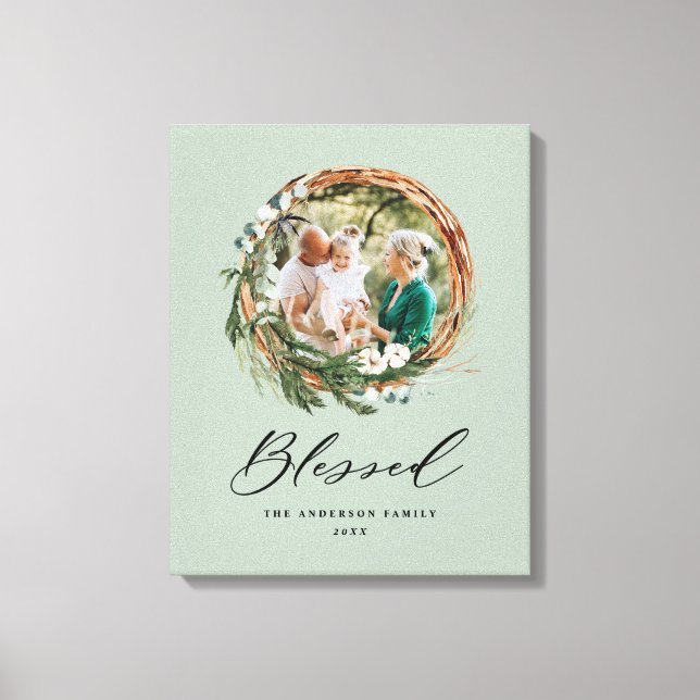 Modern foliage wreath stylish blessed script canvas print (Front)