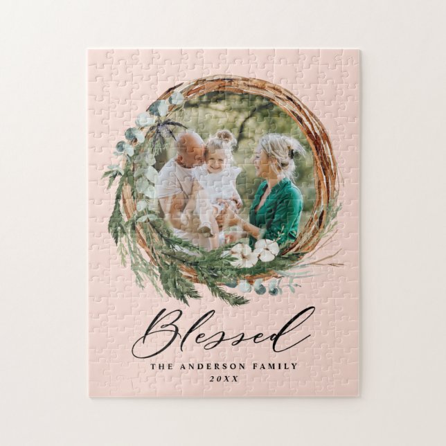 Modern foliage wreath stylish blessed script jigsaw puzzle (Vertical)
