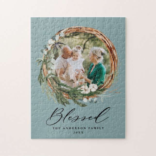 Modern foliage wreath stylish blessed script jigsaw puzzle (Vertical)