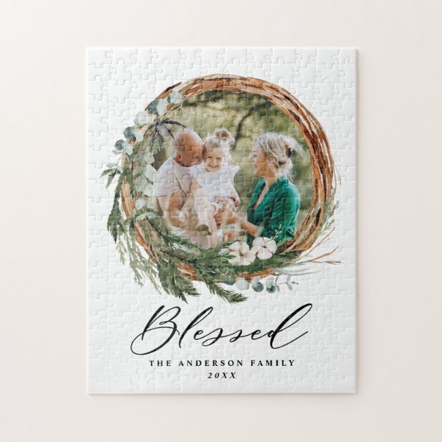 Modern foliage wreath stylish blessed script jigsaw puzzle (Vertical)