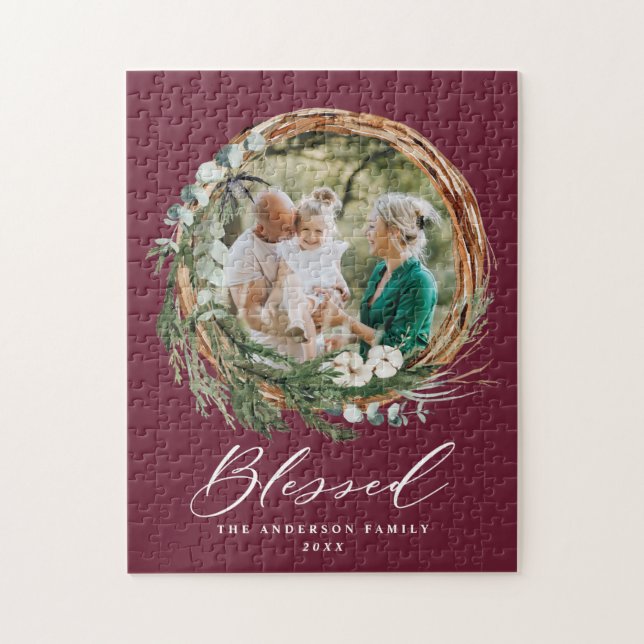 Modern foliage wreath stylish blessed script jigsaw puzzle (Vertical)