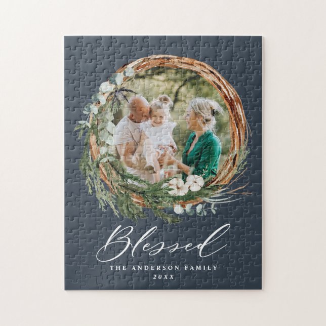 Modern foliage wreath stylish blessed script jigsaw puzzle (Vertical)