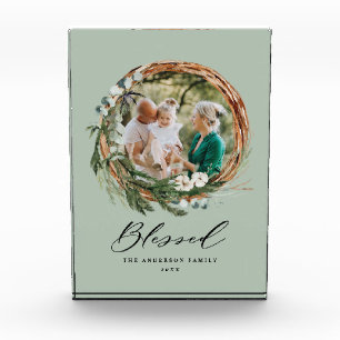 Modern foliage wreath stylish blessed script photo block