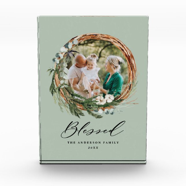 Modern foliage wreath stylish blessed script photo block (Front)