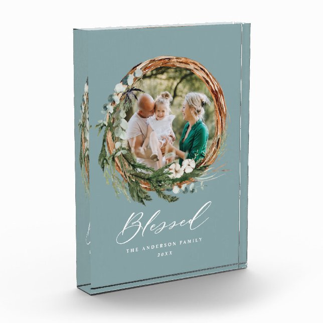 Modern foliage wreath stylish blessed script photo block (Left)