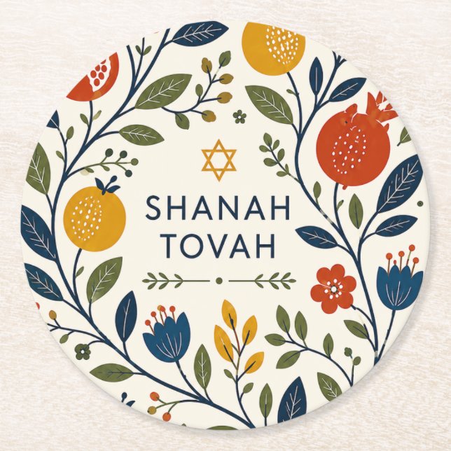 Modern Folk Art Shana Tovah Botanical  Round Paper Coaster (Front)