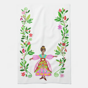 Modern Folk Art Style African American Flower Girl Kitchen Towel