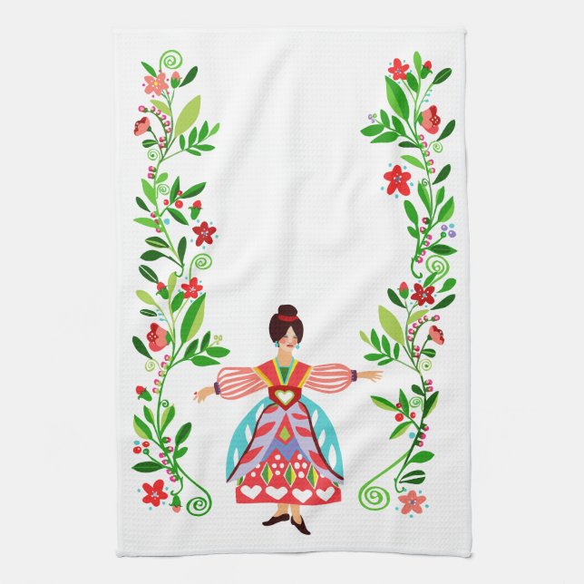 Modern Folk Art Style Flower Garden Girl Kitchen Towel (Vertical)