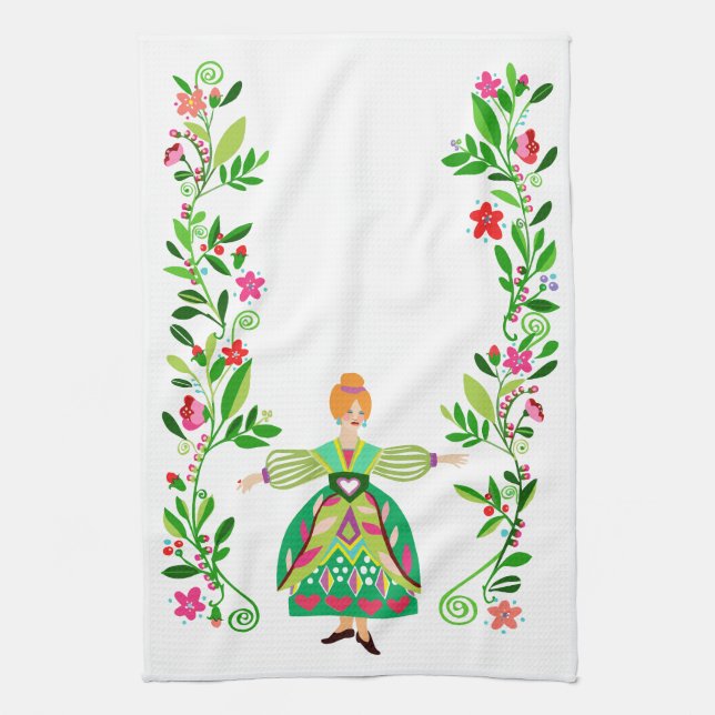 Modern Folk Art Style Red-Haired Flower Girl Kitchen Towel (Vertical)