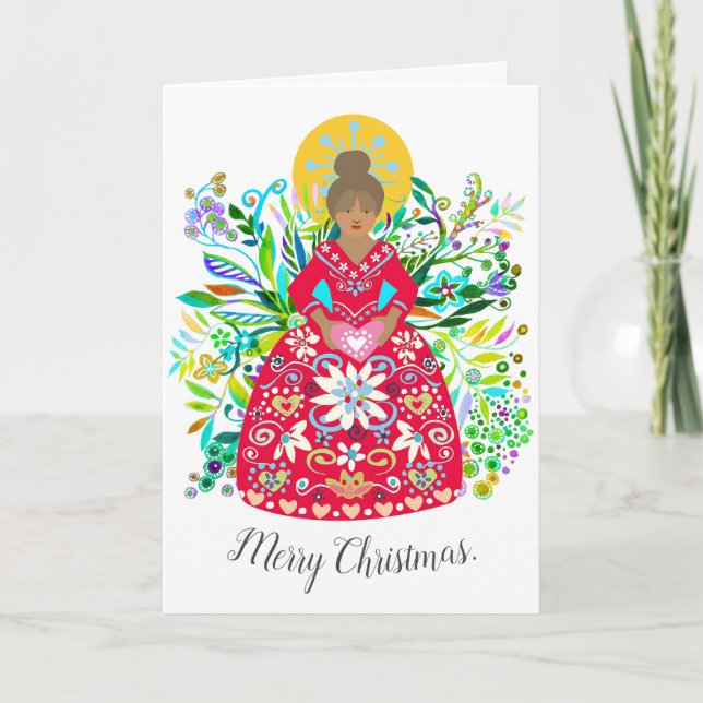 Modern Folk Art Vibrant Red Christmas Angel Holiday Card (Front)