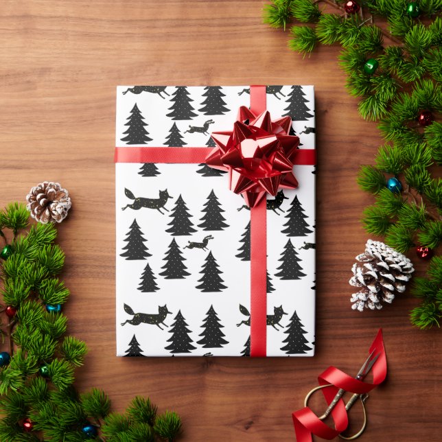 Modern Folktale Fox Rabbit Black Christmas Tree Wrapping Paper (Holiday Gift)