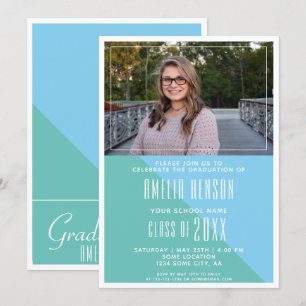 Modern Font Turquoise Blue Graduation Photo Invitation