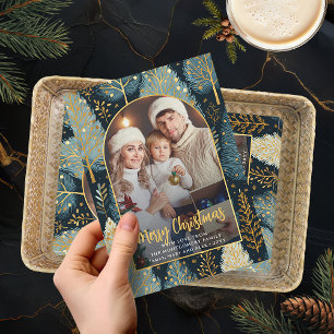 Modern Forest Custom Christmas Photo Arch Foil Holiday Card