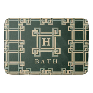Modern Forest Green Greek Key Monogram Bathroom Bath Mat