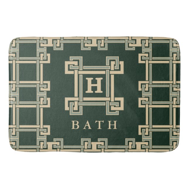 Modern Forest Green Greek Key Monogram Bathroom Bath Mat (Front)