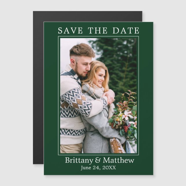 Modern Forest Green Magnetic Save the Date (Front/Back)