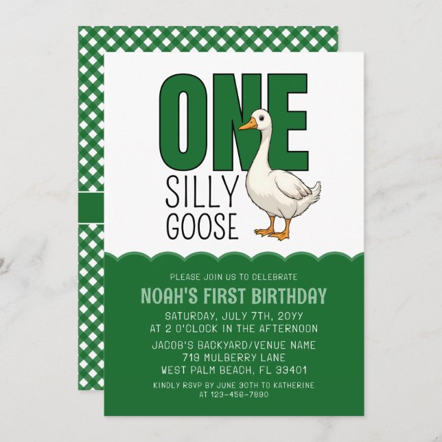 Modern Forest Green One Silly Goose 1st Birthday  Invitation (Front/Back)