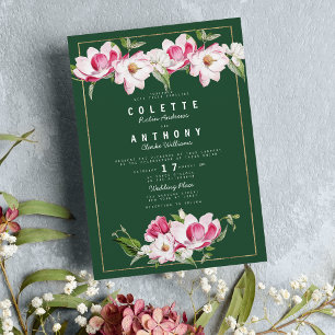 Modern Forest Green Pink Gold Floral Wedding Invitation