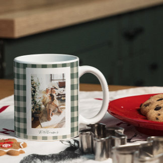 Modern Forest Green Plaid Rustic Photo Christmas Large Coffee Mug