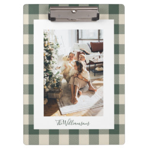 Modern Forest Green Plaid Rustic Photo Custom Clipboard