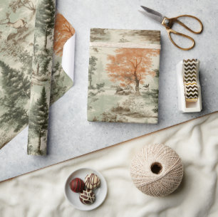 Modern Forest Hunting Green Toile de Jouy Pattern Wrapping Paper