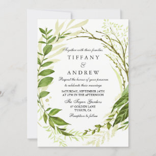 Modern Forest Leaf Wreath Greenery Wedding Invite